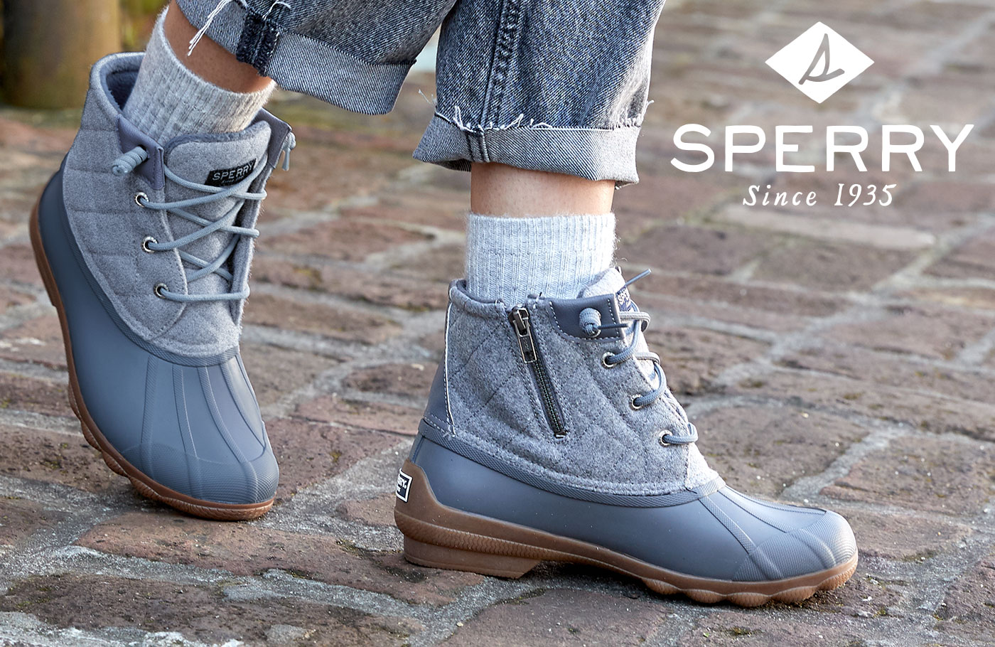 pair of grey wool top sperry duck boots