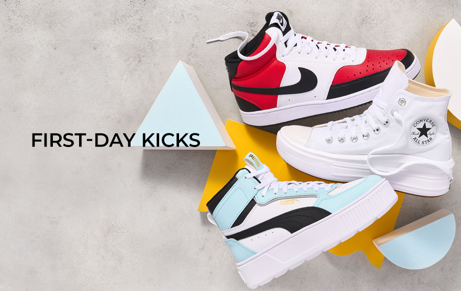 First-Day Kicks. Arrive in fresh high-top sneakers.